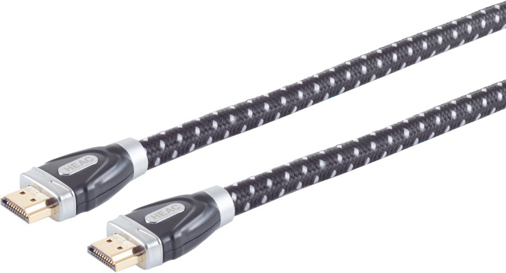 HDMI (A) Stecker - HDMI (A) Stecker, verg. Kontakte, teilverchromt,VOLLGESCHIRMTER-STECKER, schwarz-weißer Cotton Mantel, 3,5m  HIGH SPEED with ETHERNET