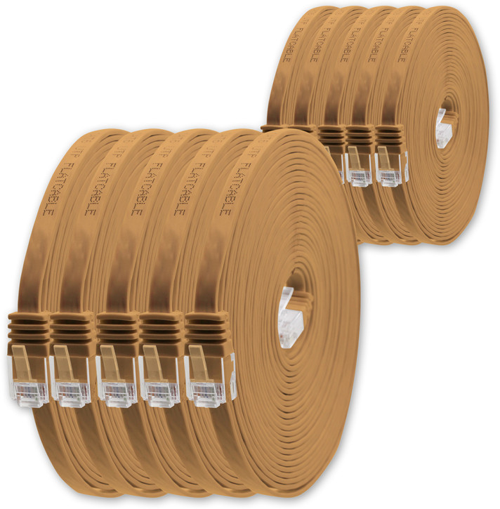 10x 1m - CAT.6 - Netzwerk- Patch- Ethernet- Lan- Kabel RJ45 flach - Hellbraun - für Switch, Router, Homeoffice