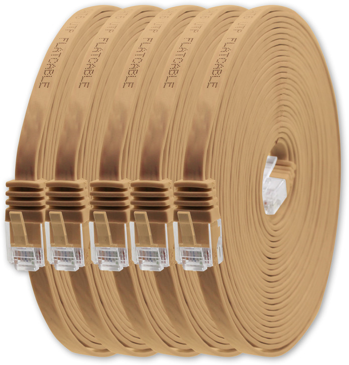 5x 15m - CAT.6 - Netzwerk- Patch- Ethernet- Lan- Kabel RJ45 flach - Hellbraun - für Switch, Router, Homeoffice