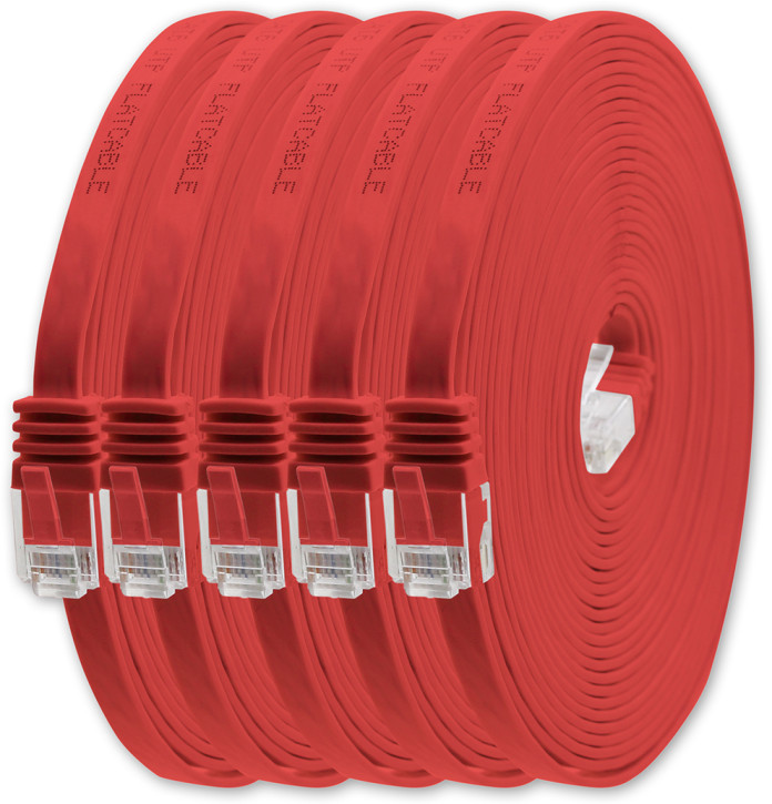 5x 0.25m - CAT.6 - Netzwerk- Patch- Ethernet- Lan- Kabel RJ45 flach - Rot - für Switch, Router, Homeoffice