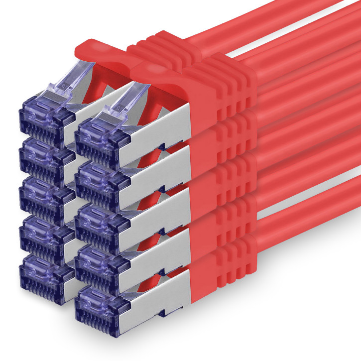 10x 0.25m - CAT.7 - Netzwerk- Patch- Ethernet- Lan- Kabel RJ45 Cat.6a Stecker - Rot - für Switch, Router, Homeoffice
