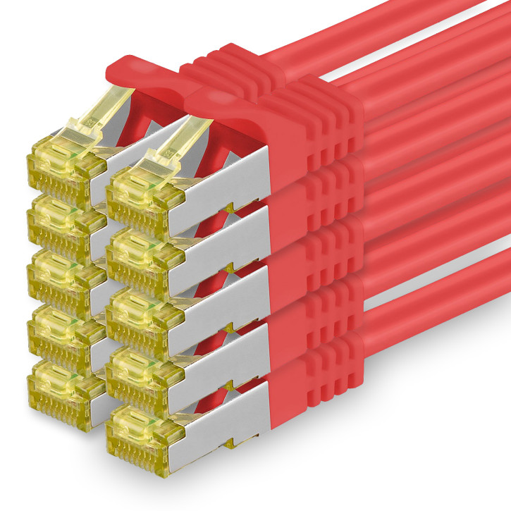 10x 0.25m - CAT.7 - Netzwerk- Patch- Ethernet- Lan- Kabel RJ45 Cat.6a Stecker - Rot - für Switch, Router, Homeoffice