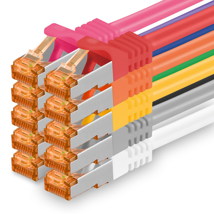 10x 0.5m - CAT.7 - Netzwerk- Patch- Ethernet- Lan- Kabel RJ45 Cat.6a Stecker - 10 Farben - für Switch, Router, Homeoffice