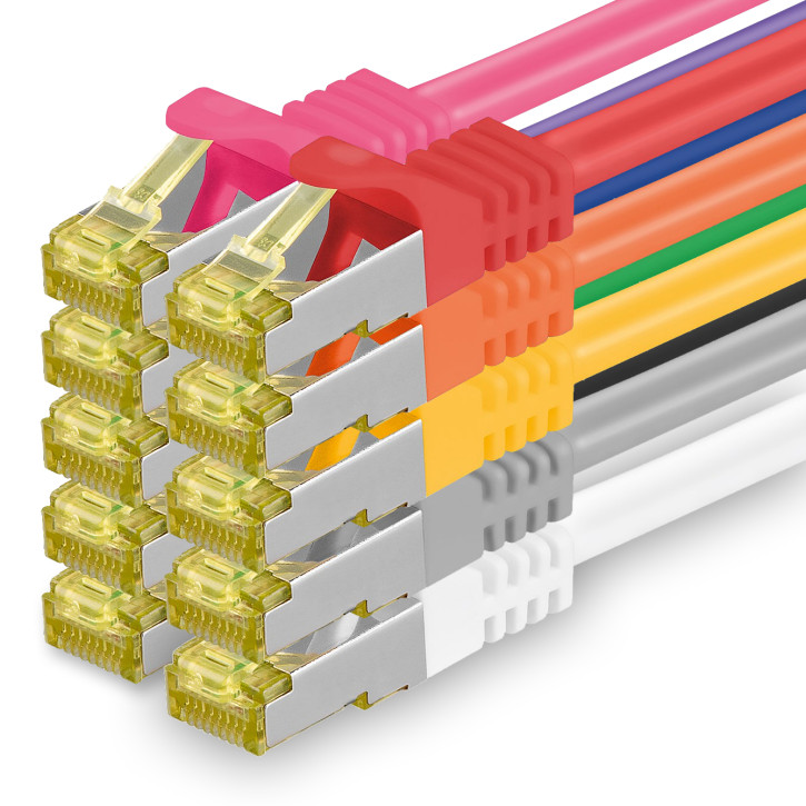10x 0.5m - CAT.7 - Netzwerk- Patch- Ethernet- Lan- Kabel RJ45 Cat.6a Stecker - 10 Farben - für Switch, Router, Homeoffice